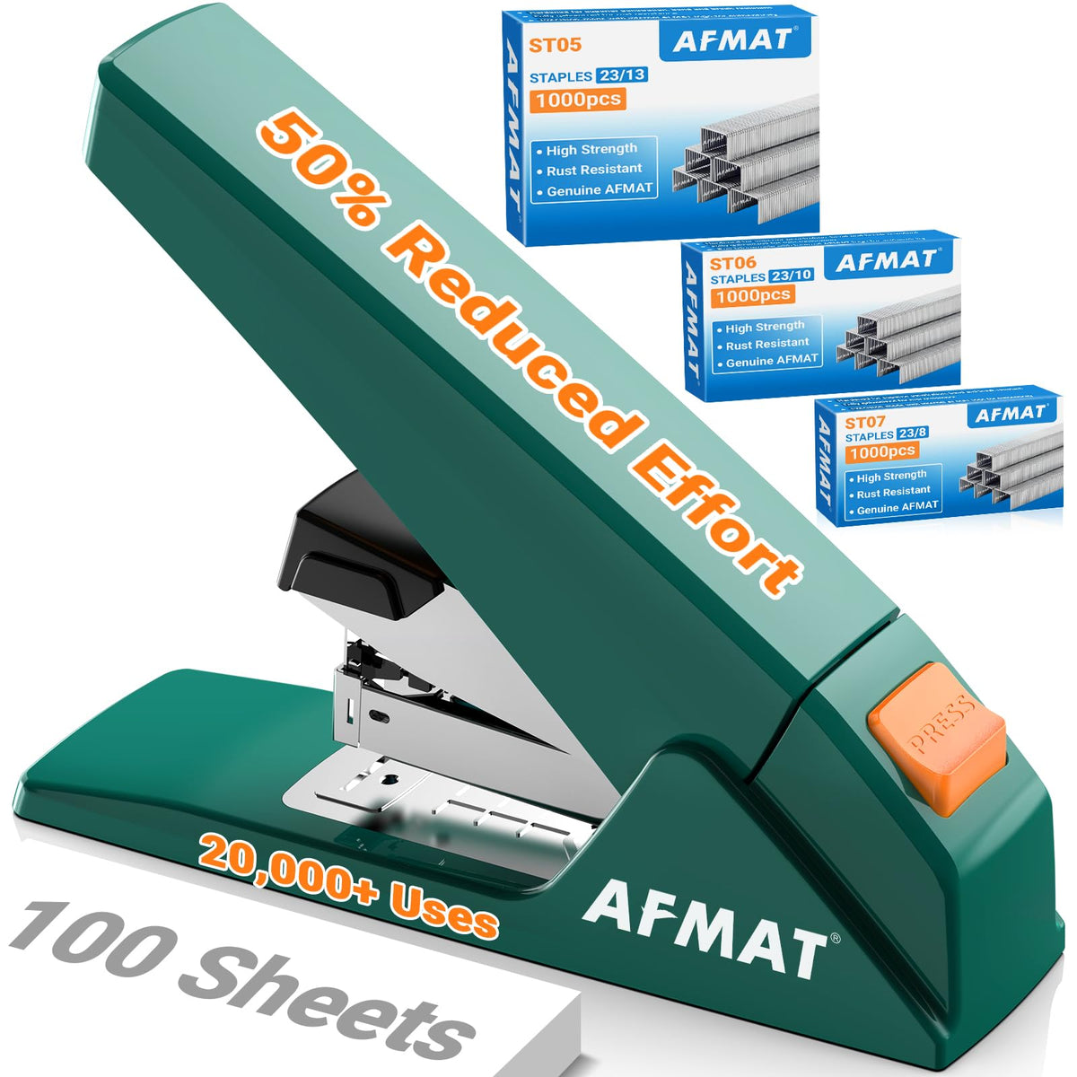 AFMAT ES18 Heavy Duty Stapler-100 Sheet, 50% Less Effort, 20,000+ Uses, ES18GN