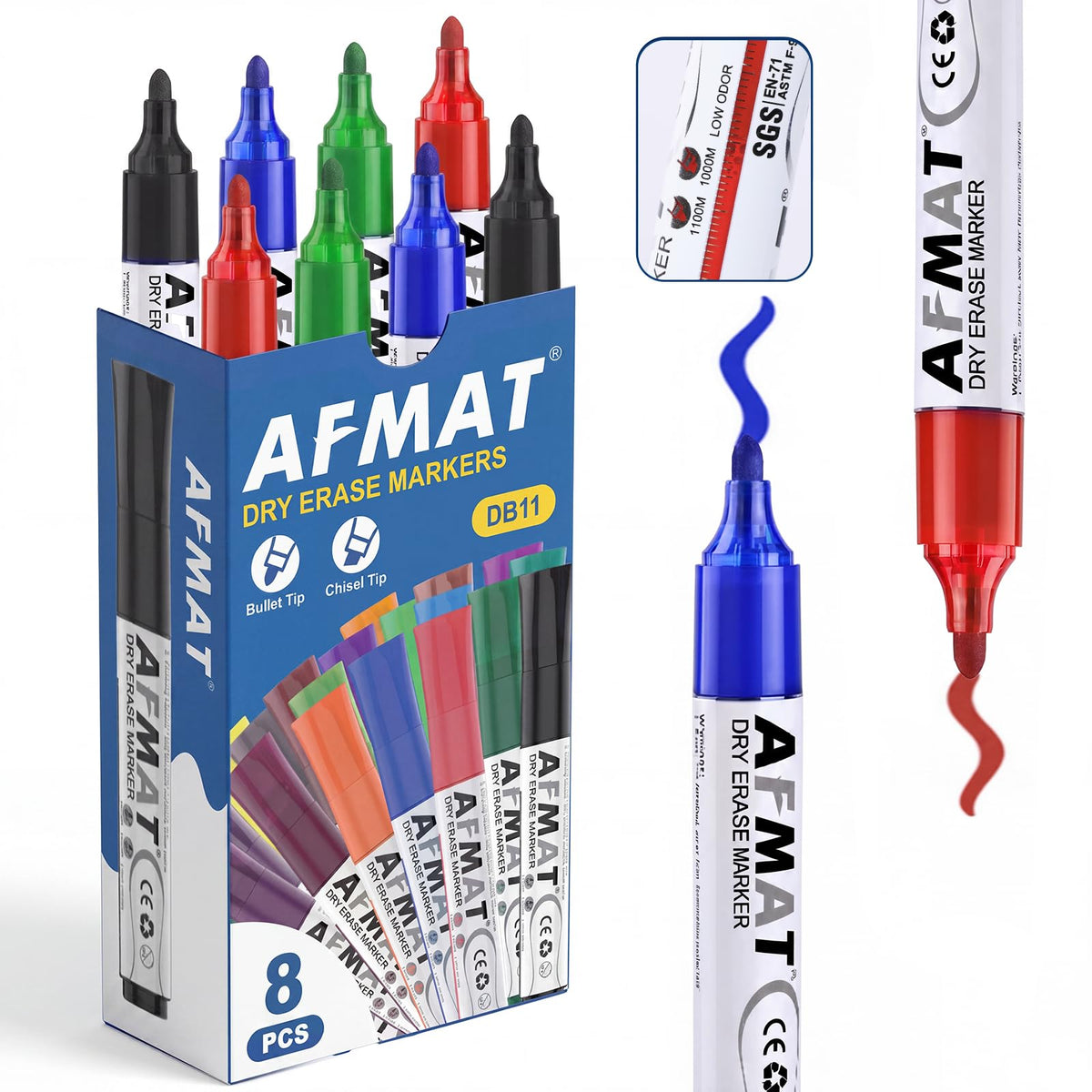 AFMAT Dry Erase Markers, Liquid Bullet Tip Whiteboard Markers with Visible Ink Window, Low Odor & Non-Toxic, 3X Large Capacity, No Residue for White Board, Classroom, Office, Home, 4 Colors, 8 Pack,DB11Y3