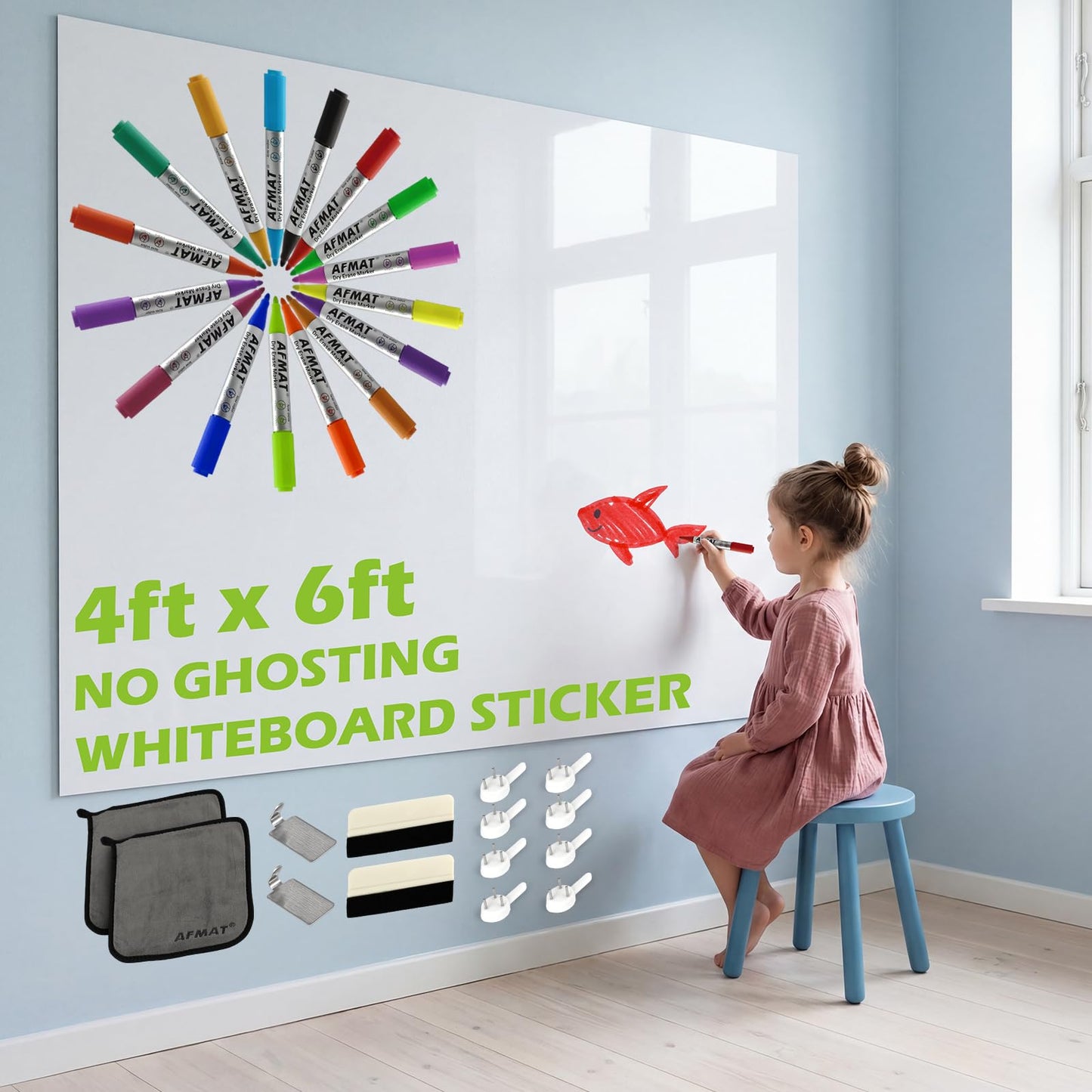 AFMAT Whiteboard Sticker for Wall, 4x6ft White Board Paper, Super Sticky Dry Erase Wallpaper, Peel and Stick Dry Erase Board with 16 Markers, No Ghosting Whiteboard Paper for Home Office Classroom,WS46C