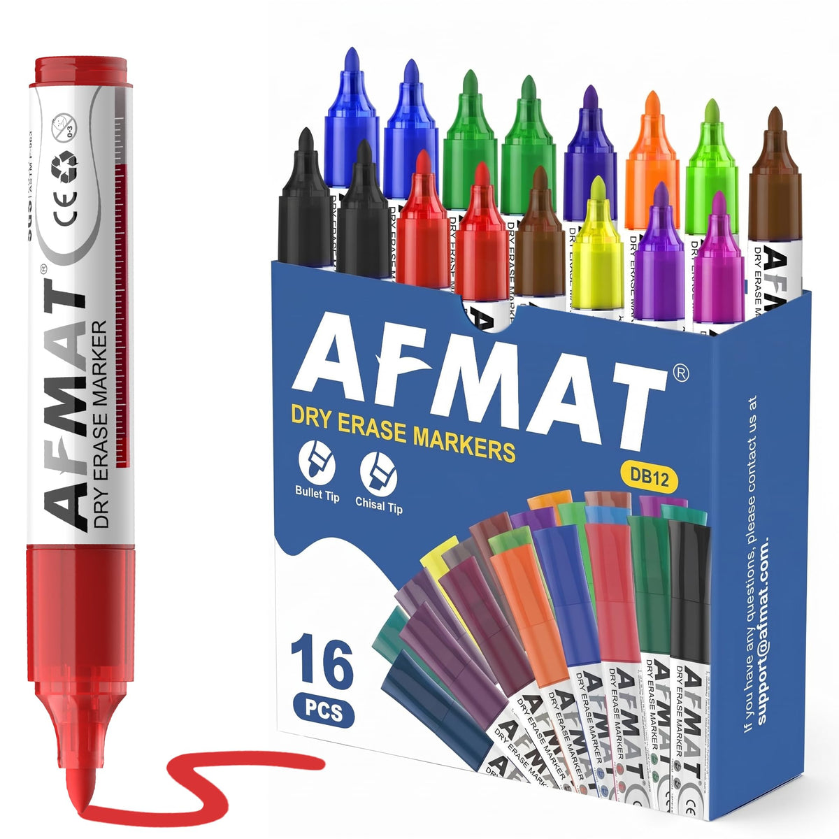 AFMAT Dry Erase Markers, 3x High Capacity, Liquid Bullet Tip Whiteboard Markers with Visible Ink Level, Low Odor Erasable Markers for Teachers, Classroom Essentials, Office Supplies[12 Colors,16 Pack],DB12Y2