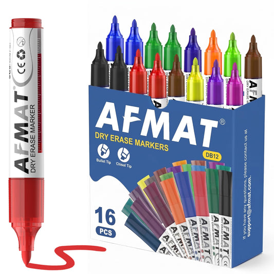 AFMAT Dry Erase Markers, 3x High Capacity, Liquid Bullet Tip Whiteboard Markers with Visible Ink Level, Low Odor Erasable Markers for Teachers, Classroom Essentials, Office Supplies[12 Colors,16 Pack],DB12Y2