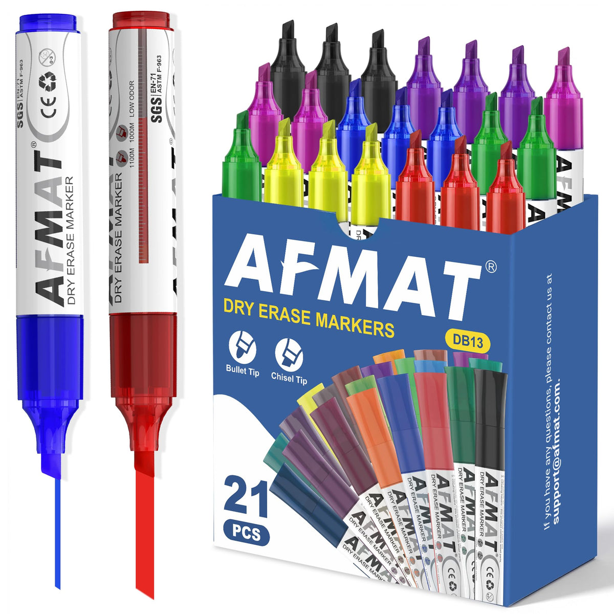 AFMAT Dry Erase Markers, 3x High Capacity, Liquid Chisel Tip Whiteboard Markers with Visible Ink Level, Low Odor Erasable Markers for Teachers, Classroom Essentials, Office Supplies[7 Colors, 21 Pack],DB13X2