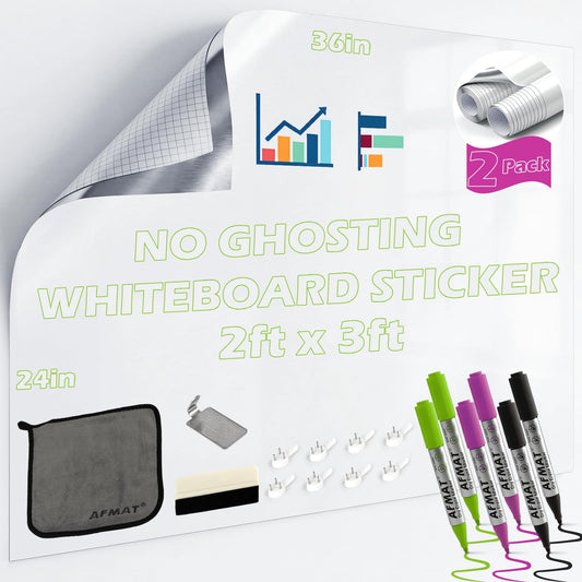 AFMAT 2 Pack Whiteboard Sticker for Wall, 36" x 24" White Boardpaper, Upgrade PET Dry Erase Wallpaper with 6 Markers, Super Sticky & No Ghost, Peel and Stick Dry Erase Board for Home Office Classroom