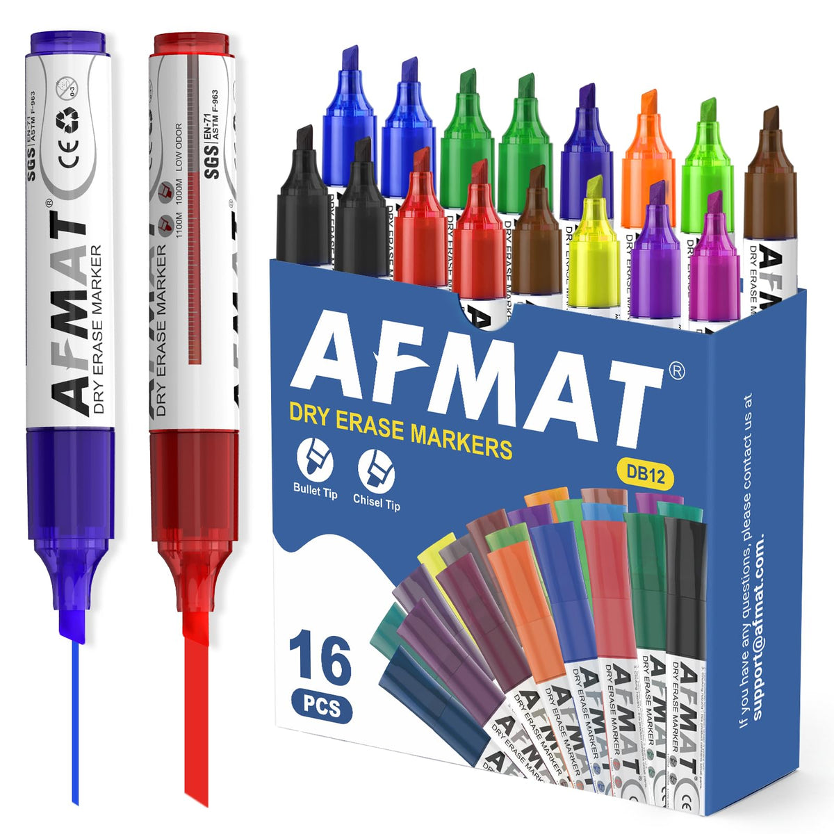 AFMAT Dry Erase Markers, 3x High Capacity, Liquid Chisel Tip Whiteboard Markers with Visible Ink Level, Low Odor Erasable Markers for Teachers, Classroom Essentials, Office Supplies[12 Colors,16 Pack],DB12X2