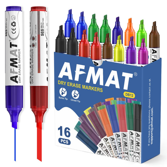 AFMAT Dry Erase Markers, 3x High Capacity, Liquid Chisel Tip Whiteboard Markers with Visible Ink Level, Low Odor Erasable Markers for Teachers, Classroom Essentials, Office Supplies[12 Colors,16 Pack],DB12X2
