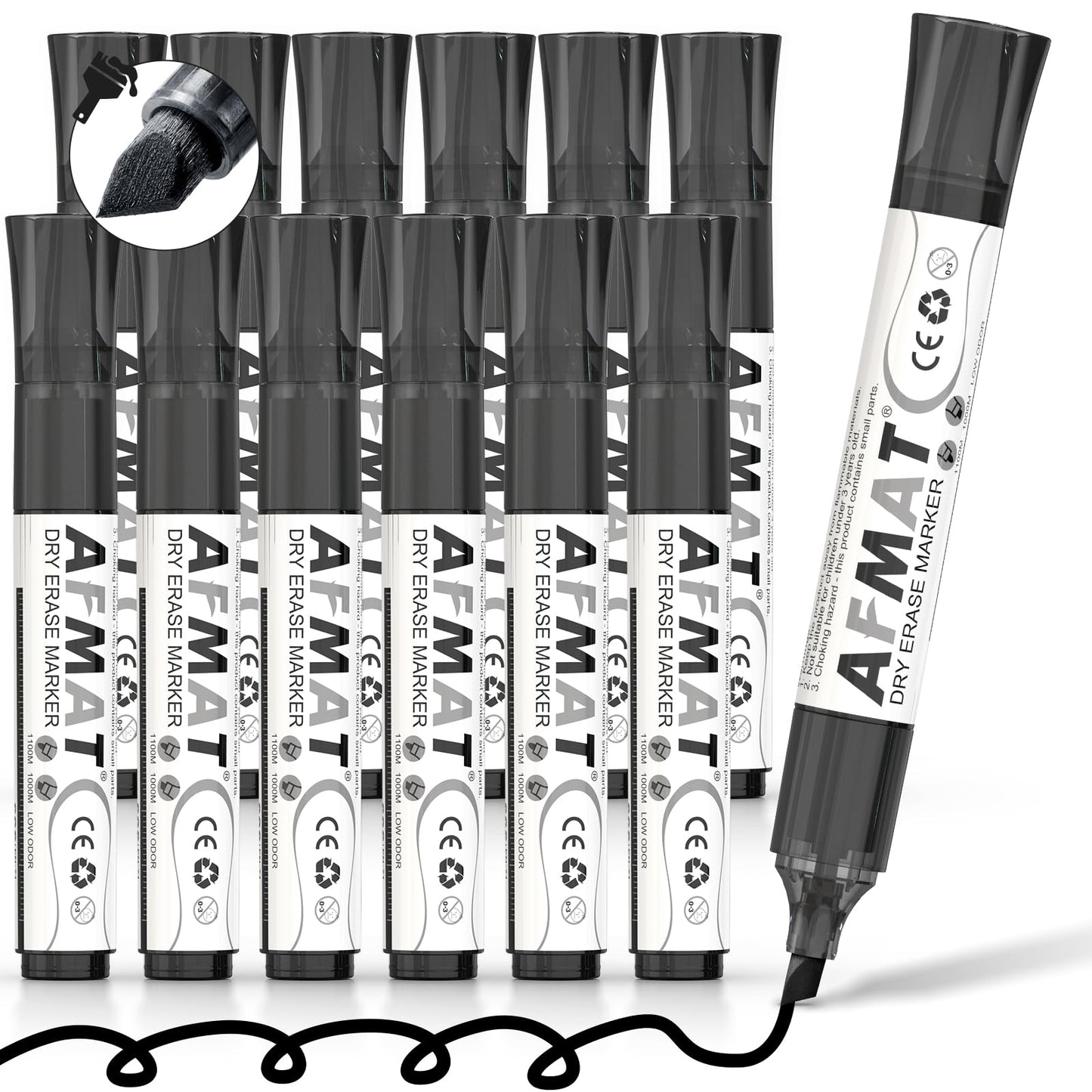 AFMAT Dry Erase Markers, 12-Count Black Whiteboard Markers, Chisel Tip, High-Capacity Liquid Ink for 1,100 Meters Writing Length, w/Visible Ink Level, Low Odor Erasable for Teacher Office Classroom,DB10X7