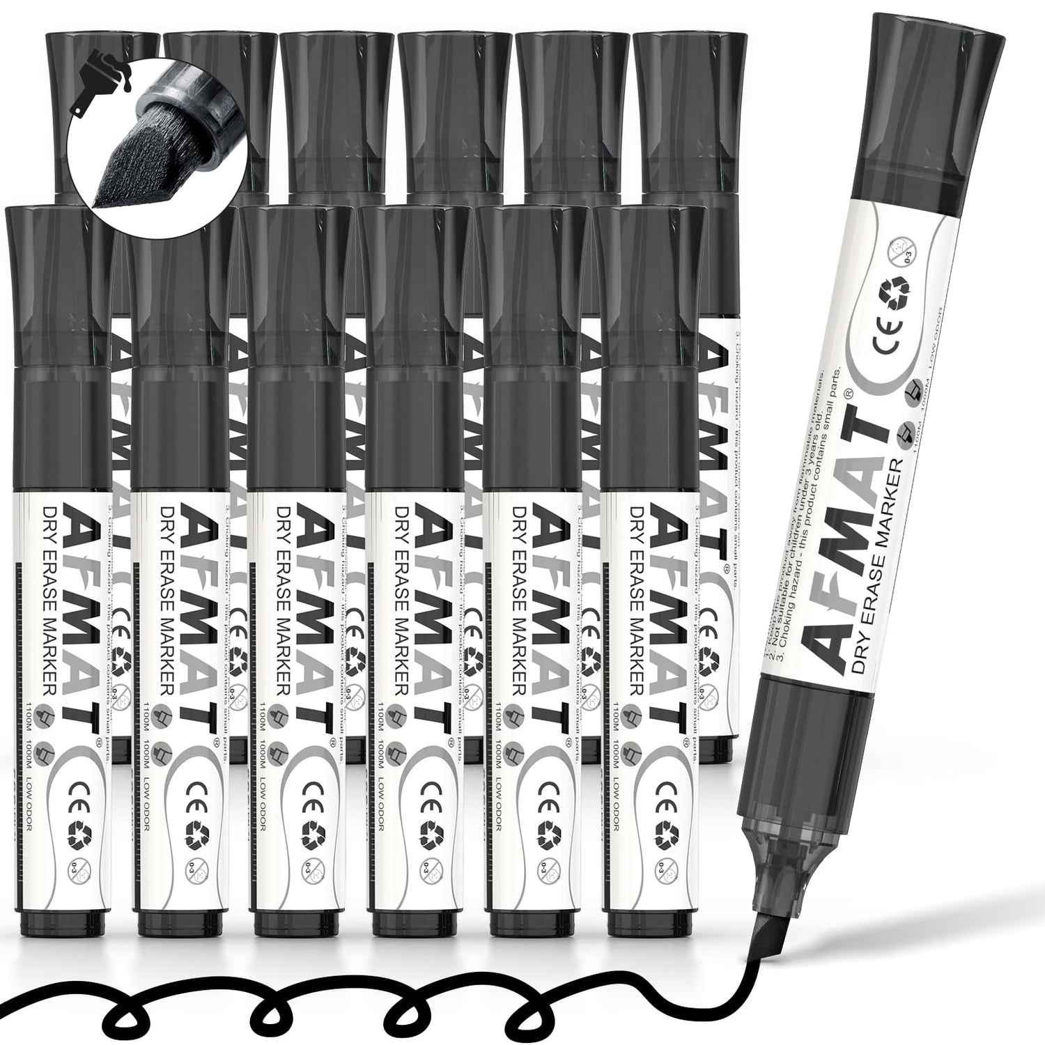 AFMAT 12-Count Black Whiteboard Dry Erase Markers, Chisel Tip, High-Capacity Liquid Ink for 1,100 Meters Writing Length, w/Visible Ink Level, Low Odor Erasable for Teacher Office Classroom,DB10X7