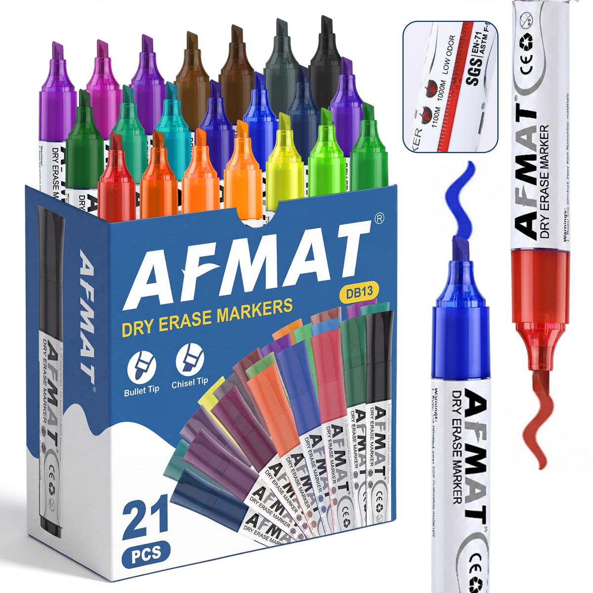 AFMAT Dry Erase Markers, Liquid Chisel Tip Whiteboard Markers with Visible Ink Window, Low Odor & Non-Toxic, 3X Large Capacity, No Residue for White Board, Classroom, Office, Home, 21 Colors, 21 Pack,DB13X1