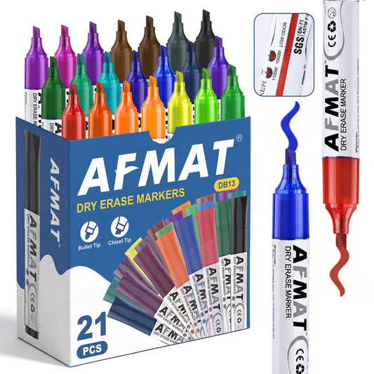 AFMAT Dry Erase Markers, Liquid Chisel Tip Whiteboard Markers with Visible Ink Window, Low Odor & Non-Toxic, 3X Large Capacity, No Residue for White Board, Classroom, Office, Home, 21 Colors, 21 Pack,DB13X1