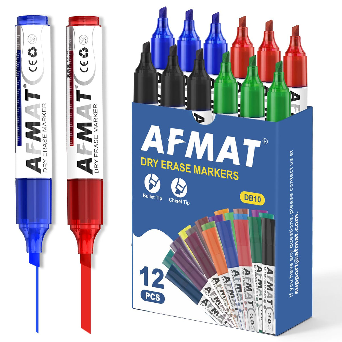 AFMAT Dry Erase Markers, 3x High Capacity, Liquid Chisel Tip Whiteboard Markers with Visible Ink Level, Low Odor Erasable Markers for Teachers, Classroom Essentials, Office Supplies[4 Colors, 12 Pack],DB10X2