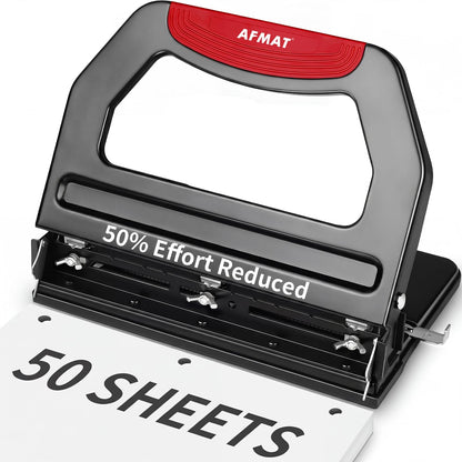 AFMAT 3 Hole Punch Heavy Duty, 9/32" Holes, 50-Sheet Hole Puncher 3 Ring, 50% Reduced Effort, Adjustable Two & Three Hole Punch, Metal Paper Puncher w/Large Chip Tray, Metal Paper Guide, HP18BD