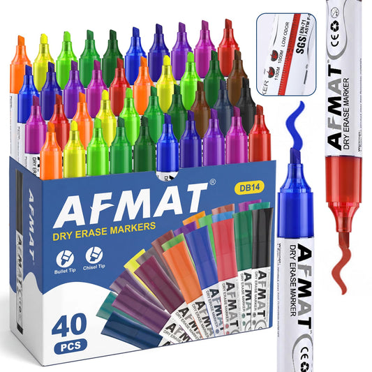 AFMAT Dry Erase Markers, Liquid Chisel Tip Whiteboard Markers with Visible Ink Window, Low Odor & Non-Toxic, 3X Large Capacity, No Residue for White Board, Classroom, Office, Home, 13 Colors, 40 Pack,DB14X2