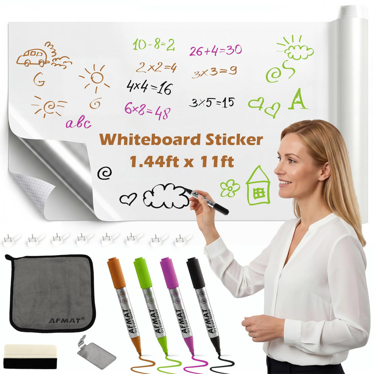 AFMAT Whiteboard Sticker for Wall, 1.44x11ft White Board Paper, Super Sticky Dry Erase Wallpaper, Peel and Stick Dry Erase Board with 4 Markers, No Ghosting Whiteboard Paper for Home Office Classroom,WS11C