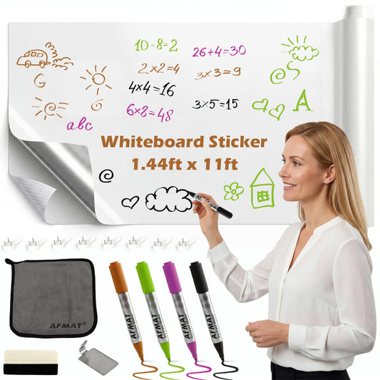 AFMAT Whiteboard Sticker for Wall, 1.44x11ft White Board Paper, Super Sticky Dry Erase Wallpaper, Peel and Stick Dry Erase Board with 4 Markers, No Ghosting Whiteboard Paper for Home Office Classroom,WS11C