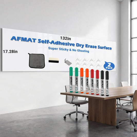 AFMAT White Board Sticker for Wall, 1.44x11ft Peel and Stick Whiteboard Wallpaper, Stain-Proof & Super Sticky Dry Erase Wall Decal, Dry Erase Contact Paper for Table/Door, 2 Roll, 8 Markers, WS11Q2B