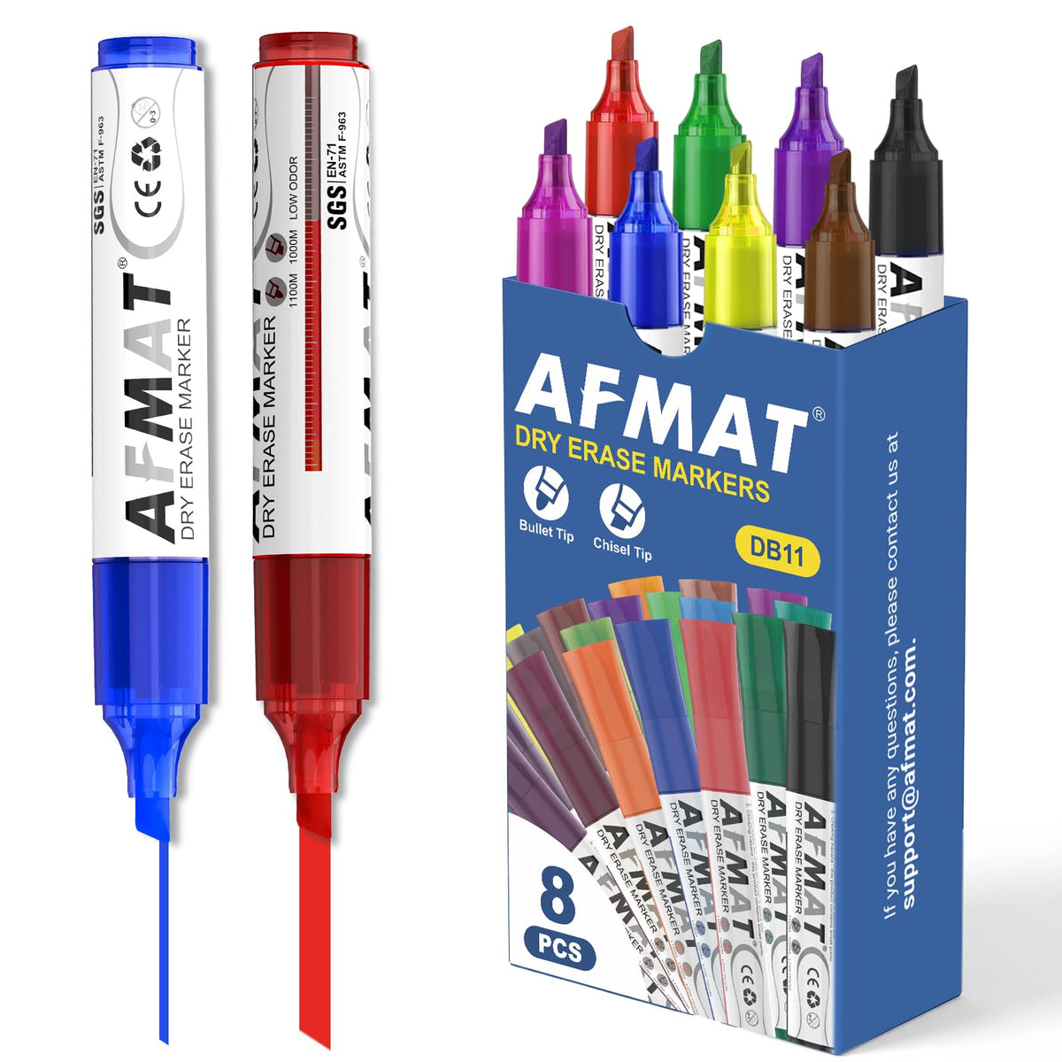 AFMAT Dry Erase Markers, 3x High Capacity, Liquid Chisel Tip Whiteboard Markers with Visible Ink Level, Low Odor Erasable Markers for Teachers, Classroom Essentials, Office Supplies[8 Colors, 8 Pack],DB11X2