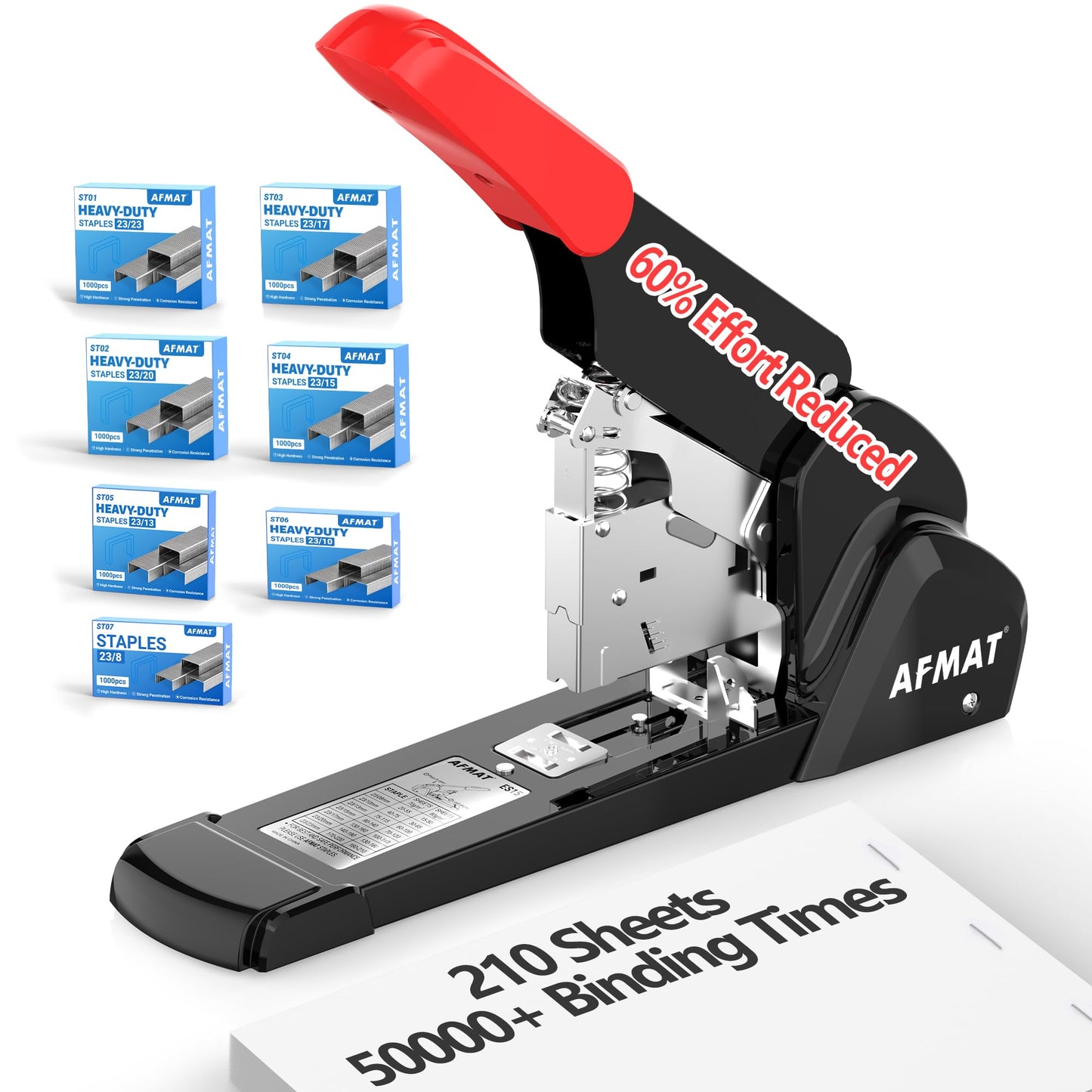 AFMAT Heavy Duty Stapler, 210 Sheet Staplers for Desk with 7000 Staples, Jam-Free, 50000+ Uses, 60% Reduced Effort, Easy Reload, Adjustable Paper Guide, Large Metal Manual Office Staplers, ES15RD