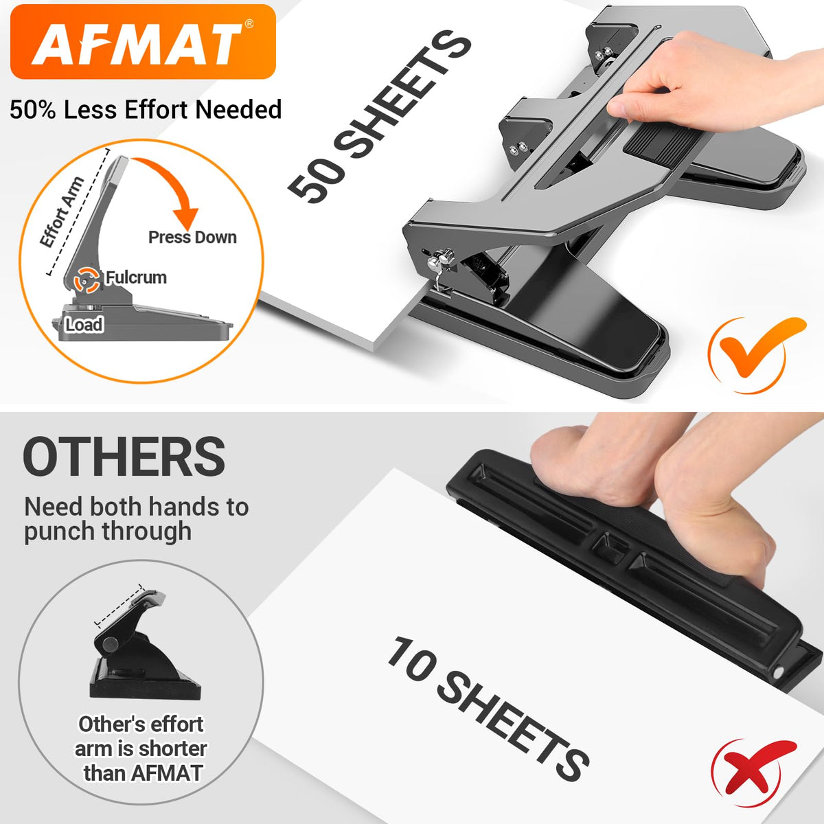 AFMAT Heavy Duty 3 Hole Puncher, 50-Sheet Paper Punch Heavy Duty, 50% Reduced Effort Three Hole Punch, 10K+ Uses, Metal Hole Puncher 3 Ring w/Large Tray, Bulit-in S.S. Paper Guide HPX4GY