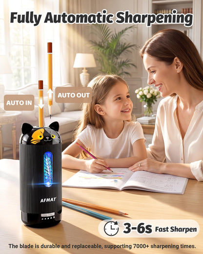 AFMAT Electric Pencil Sharpener, Fully Automatic, for 6.5-12mm Pencils Rechargeable & Cordless, Auto in & Out, 5 Nibs, 7K+ Uses, Replaceable Blade, Cute Sharpener for Classroom/Home/Office, PSJ5BK