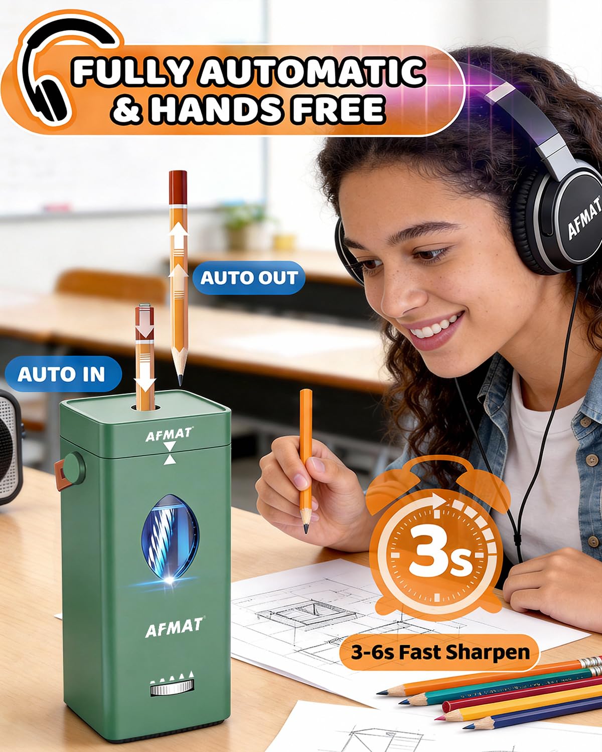 ✅Newest Model With Best Features✅Newly Upgraded Fully Automatic Rechargeable Electric Pencil Sharpener for 6-12mm No.2/Jumbo Pencils, 3X Longer Cutter Life, PSC7GN