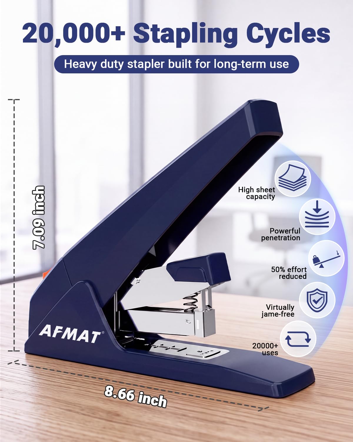 AFMAT ES18 Heavy Duty Stapler-100 Sheet, 50% Less Effort, 20,000+ Uses, ES18BL