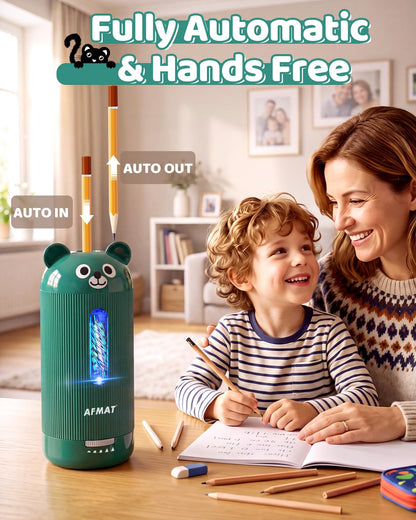 AFMAT Electric Pencil Sharpener, Fully Automatic, for 6.5-12mm Pencils Rechargeable & Cordless, Auto in & Out, 5 Nibs, 7K+ Uses, Replaceable Blade, Cute Sharpener for Classroom/Home/Office