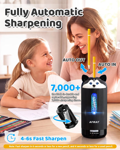 AFMAT Electric Pencil Sharpener, Auto in & Out, 5 Nibs, 7K+ Uses, Fully Automatic Classroom Pencil Sharpener, Rechargeable Hands-Free Sharpeners for Jumbo/Colored Pencils (φ6.5-12mm) PSJ1