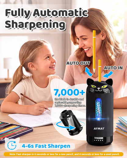 AFMAT Electric Pencil Sharpener, Auto in & Out, 5 Nibs, 7K+ Uses, Fully Automatic Classroom Pencil Sharpener, Rechargeable Hands-Free Sharpeners for Jumbo/Colored Pencils (φ6.5-12mm) PSJ2BK