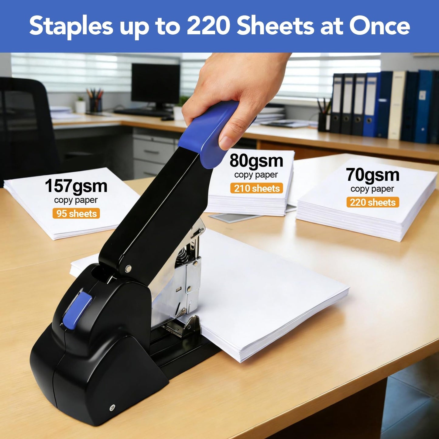 AFMAT Heavy Duty Stapler, 220 Sheets Capacity Stapler for Classroom, 60% Reduced Effort, Jam Free, Adjustable Paper Depth, Metal Desk Office Staplers w/ 50,000+ Uses, Includes 7000Pcs Staples, ES15BL
