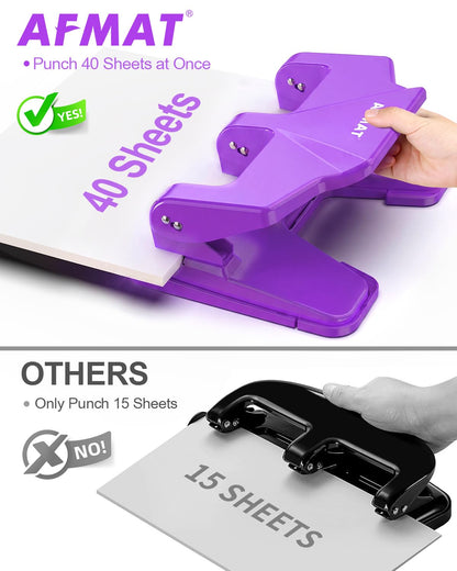 AFMAT HP14 3 Hole Punch Heavy Duty, 40-Sheet Three Hole Punch, 50% Reduced Effort Metal Paper Puncher w/Large Chip Tray,HP14PR