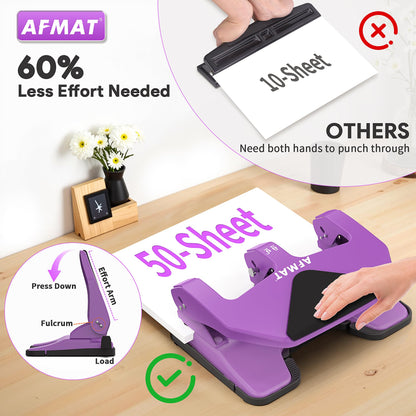 AFMAT HP20 Heavy Duty 3 Hole Punch, 60% Reduced Effort, 50-Sheet 3 Hole Puncher for Binder, 10,000+ Uses
