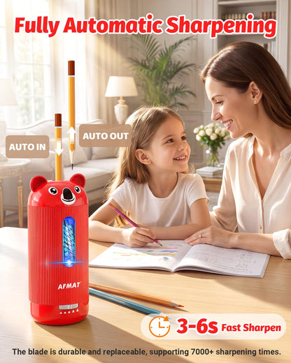 AFMAT Electric Pencil Sharpener, Fully Automatic, for 6.5-12mm Pencils Rechargeable & Cordless, Auto in & Out, 5 Nibs, 7K+ Uses, Replaceable Blade, Cute Sharpener for Classroom/Home/Office, PSY4