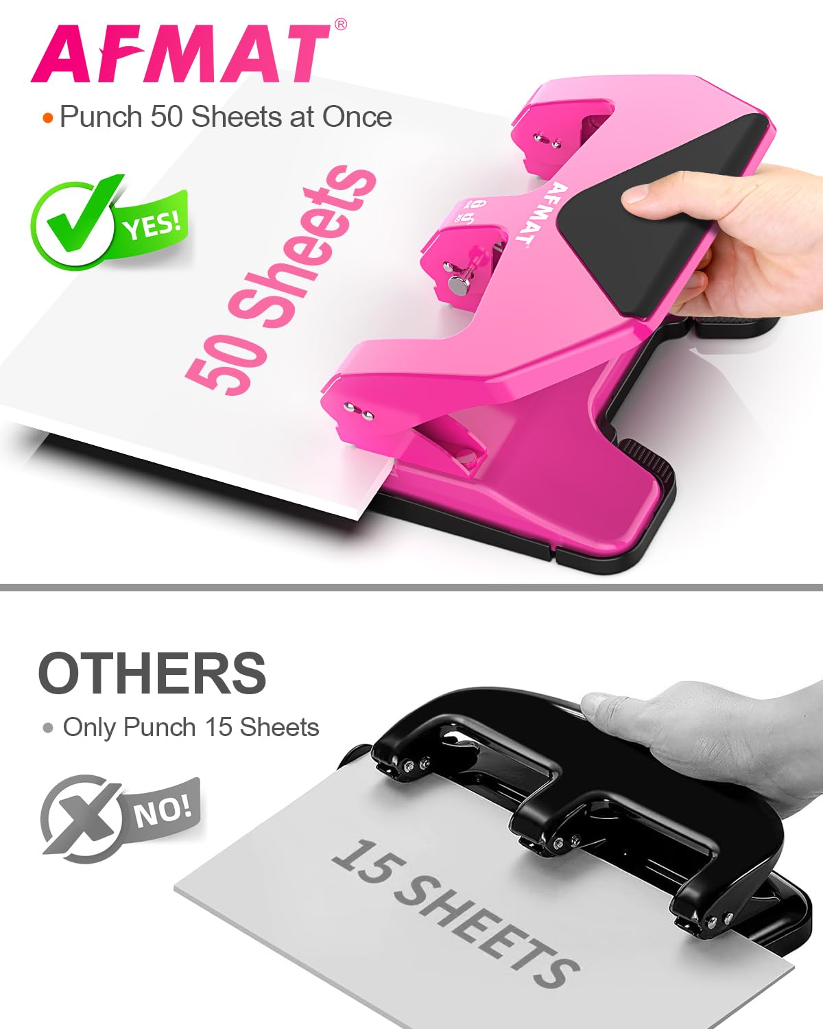 AFMAT HP20 Heavy Duty 3 Hole Punch, 60% Reduced Effort, 50-Sheet 3 Hole Puncher for Binder, 10,000+ Uses
