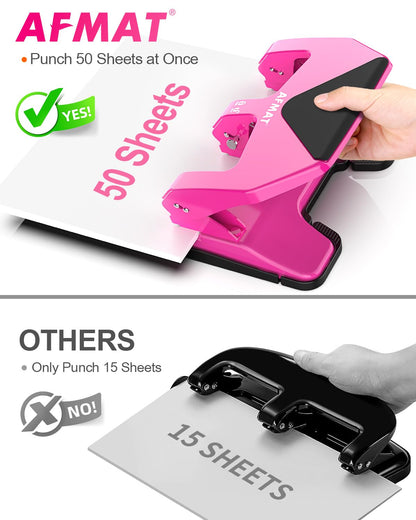 AFMAT HP20 Heavy Duty 3 Hole Punch, 60% Reduced Effort, 50-Sheet 3 Hole Puncher for Binder, 10,000+ Uses