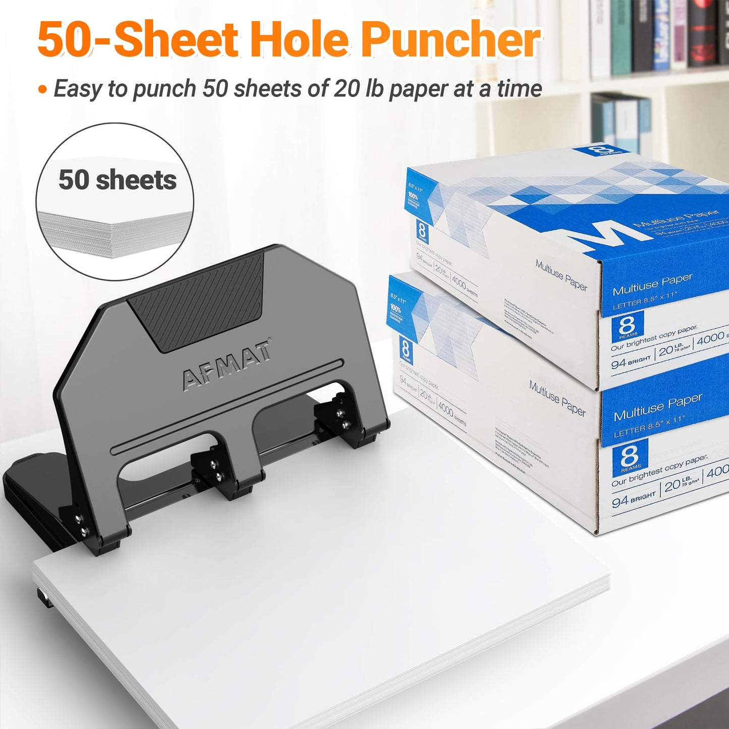 AFMAT 3 Hole Punch Heavy Duty, 9/32" Hole Diameter, 50-Sheet 3 Hole Puncher for Binder, 50% Reduced Effort, Metal Three Hole Punch w/ 10,000+ Uses, Bulit-in S.S. Paper Guide, Large Chip Tray, HPX5BK