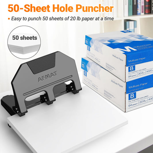 AFMAT 3 Hole Punch Heavy Duty, 9/32" Hole Diameter, 50-Sheet 3 Hole Puncher for Binder, 50% Reduced Effort, Metal Three Hole Punch w/ 10,000+ Uses, Bulit-in S.S. Paper Guide, Large Chip Tray, HPX5BK