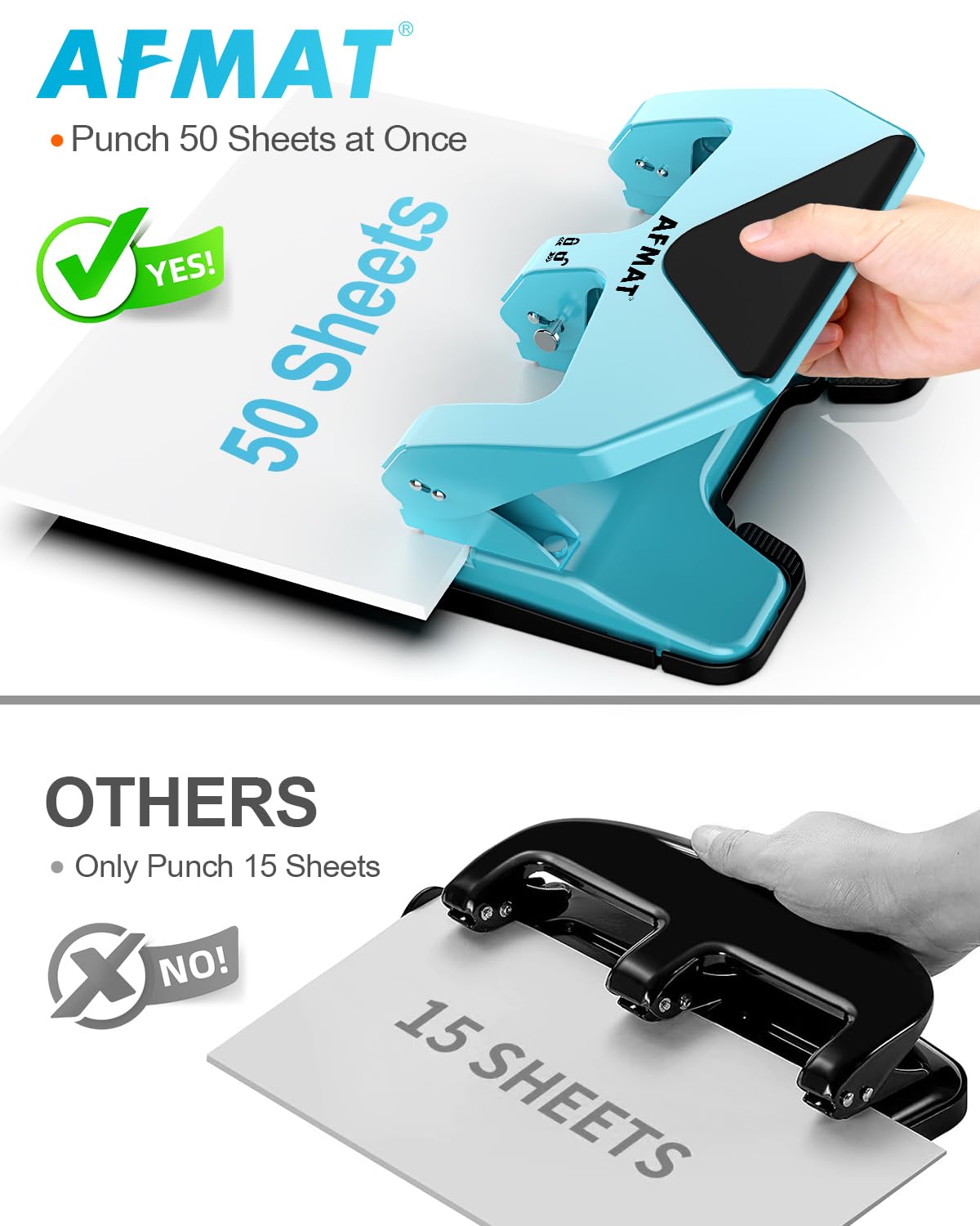 AFMAT HP20 Heavy Duty 3 Hole Punch, 60% Reduced Effort, 50-Sheet 3 Hole Puncher for Binder, 10,000+ Uses