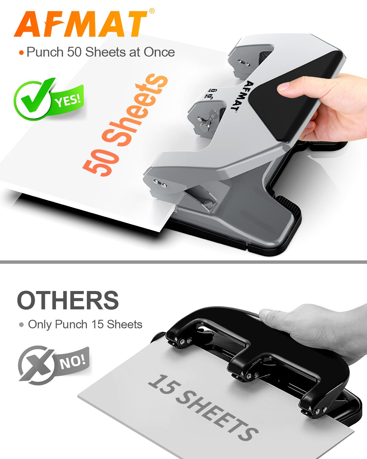 AFMAT HP20 Heavy Duty 3 Hole Punch, 60% Reduced Effort, 50-Sheet 3 Hole Puncher for Binder, 10,000+ Uses