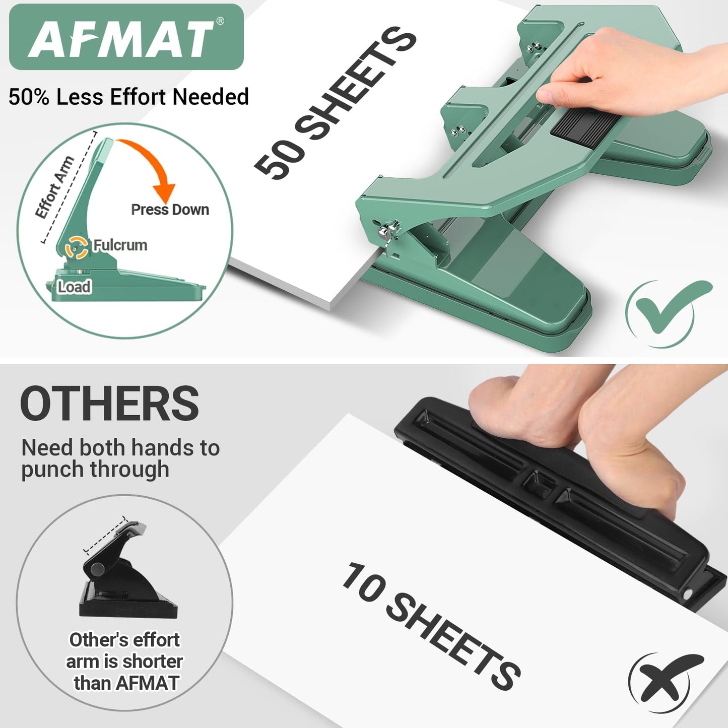 AFMAT Heavy Duty 3 Hole Puncher, 50-Sheet Paper Punch Heavy Duty, 50% Reduced Effort Three Hole Punch, 10K+ Uses, Metal Hole Puncher 3 Ring w/Large Tray, Bulit-in S.S. Paper Guide HPX4GN