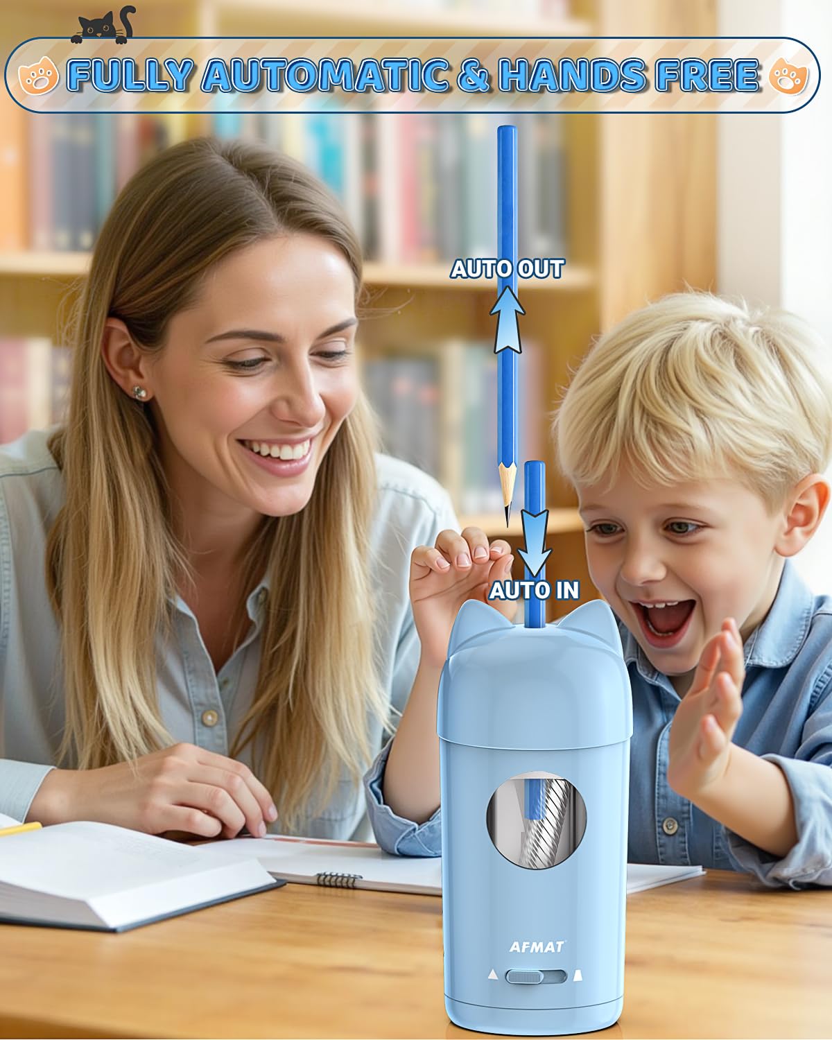 🎀Perfect Gifts for Everyone🎀 AFMAT Fully Automatic Rechargeable Electric Pencil Sharpener for φ7-8mm No.2/Colored Pencils,PSX9BL