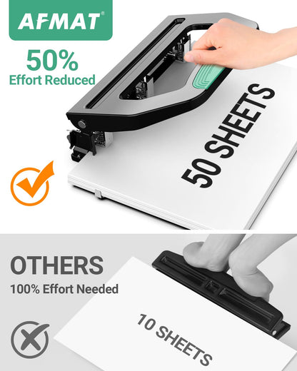 AFMAT 3 Hole Punch Heavy Duty, 9/32" Holes, 50-Sheet Hole Puncher 3 Ring, 50% Reduced Effort, Adjustable Two & Three Hole Punch, Metal Paper Puncher w/Large Chip Tray, Metal Paper Guide, HPHP18BG