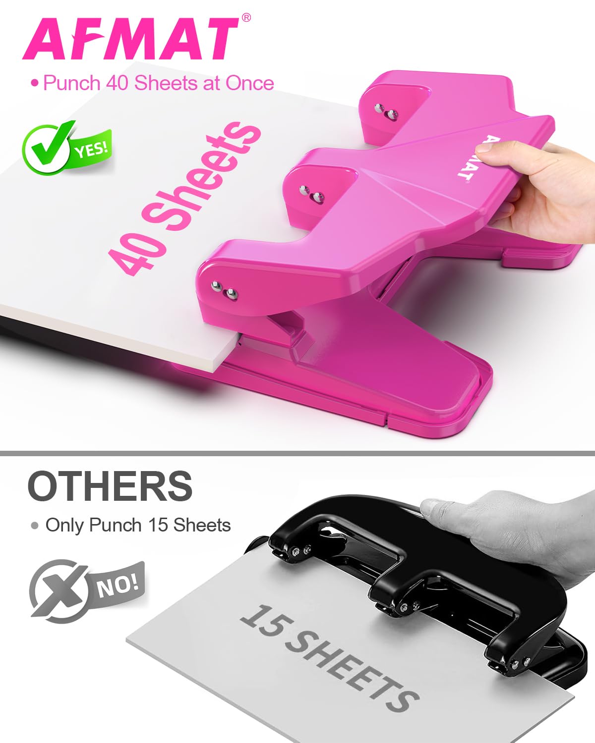 AFMAT HP14 3 Hole Punch Heavy Duty, 40-Sheet Three Hole Punch, 50% Reduced Effort Metal Paper Puncher w/Large Chip Tray,HP14PK