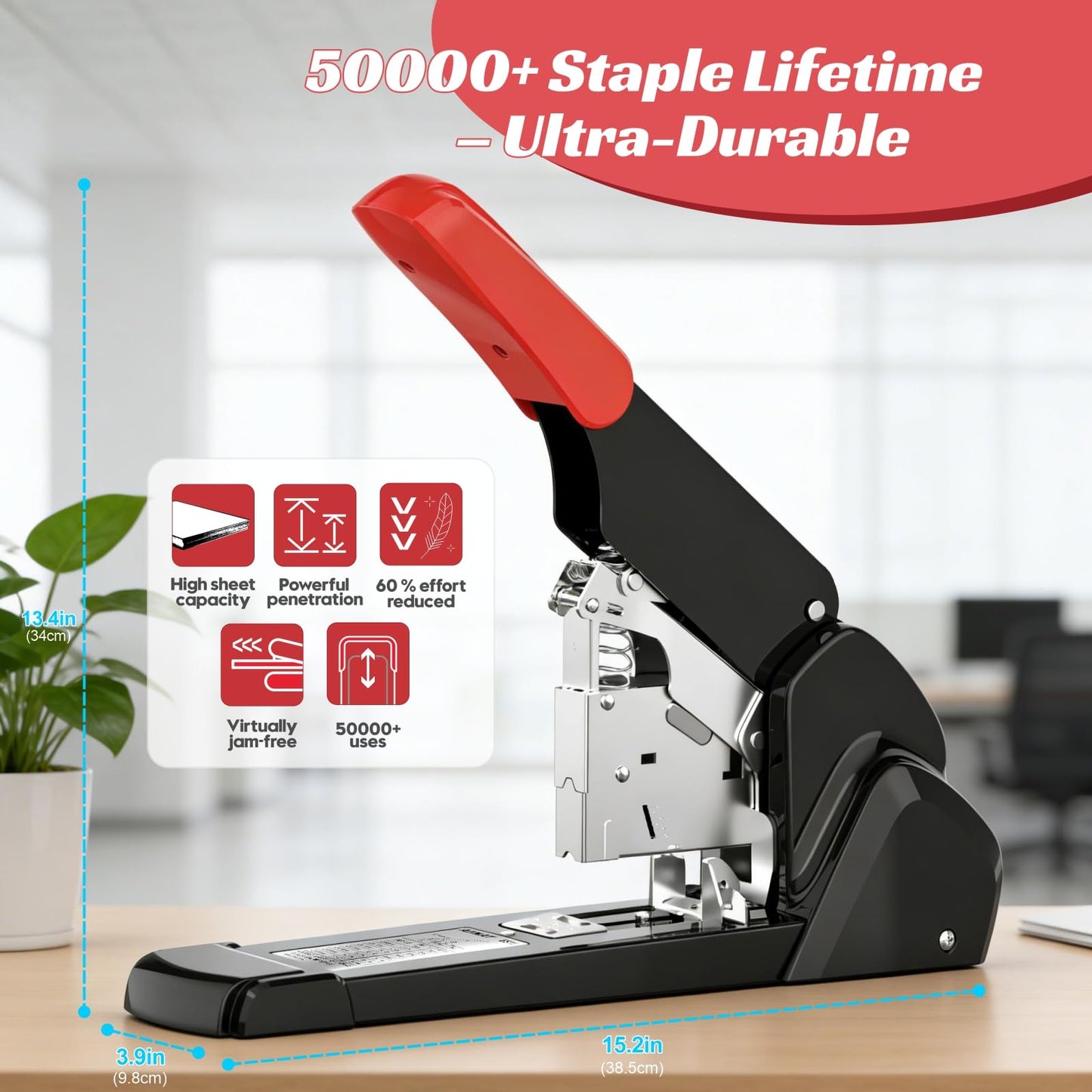 AFMAT Heavy Duty Stapler, 210 Sheet Staplers for Desk with 7000 Staples, Jam-Free, 50000+ Uses, 60% Reduced Effort, Easy Reload, Adjustable Paper Guide, Large Metal Manual Office Staplers, ES15RD
