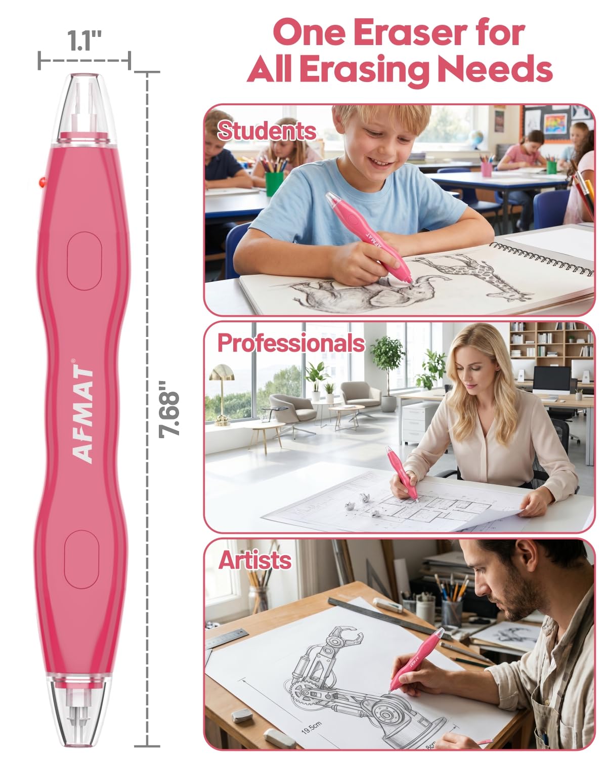 AFMAT Electric Eraser, with 140 Eraser Refills, Rechargeable Pencil Erasers for Artists, Electric Erasers for Drafting, Drawing, Painting, Sketching, Architectural Plans, Detailer Tool EE25RD