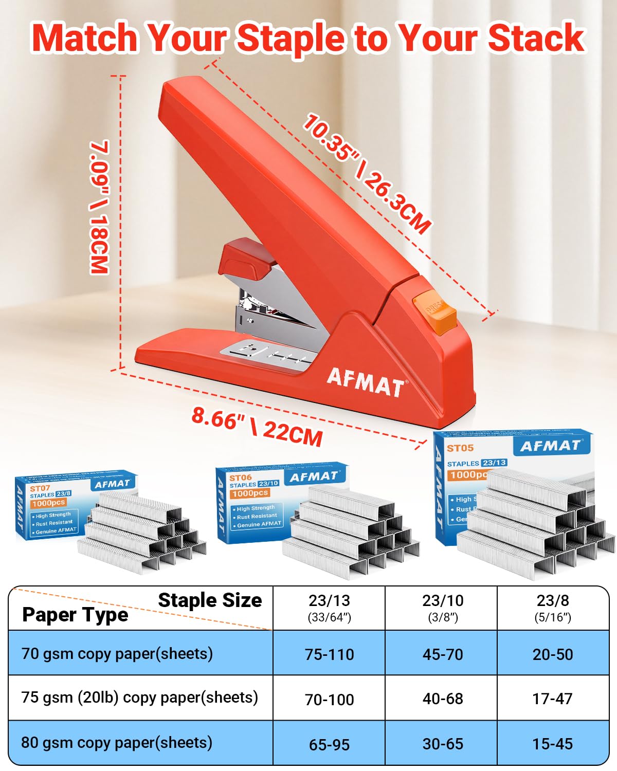 AFMAT ES18 Heavy Duty Stapler, 100-Sheet Effortless Desktop Stapler, ES18RD