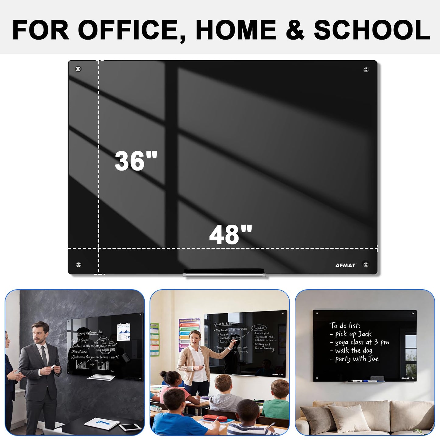 AFMAT Magnetic Glass Whiteboard, 48" x 36" Glass Dry Erase Board, 4mm Tempered Glass w/Strong Magnetic Surface, Large White Board for Wall, Frameless Wall Mounted Black Board for Office Home School,GB04BK1