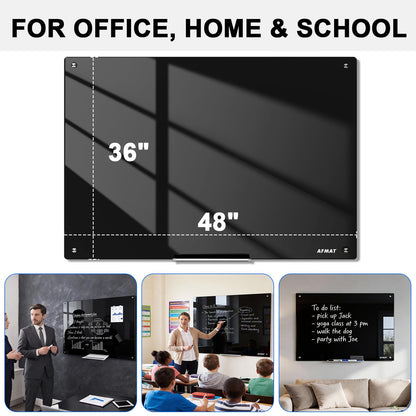 AFMAT Magnetic Glass Whiteboard, 48" x 36" Glass Dry Erase Board, 4mm Tempered Glass w/Strong Magnetic Surface, Large White Board for Wall, Frameless Wall Mounted Black Board for Office Home School,GB04BK1
