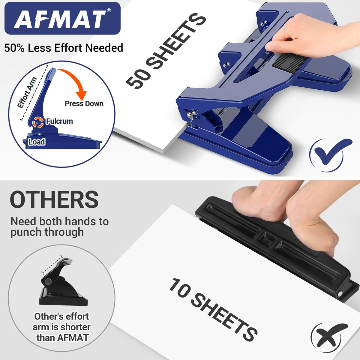 AFMAT Heavy Duty 3 Hole Puncher, 50-Sheet Paper Punch Heavy Duty, 50% Reduced Effort Three Hole Punch, 10K+ Uses, Metal Hole Puncher 3 Ring w/Large Tray, Bulit-in S.S. Paper Guide HPX4BL
