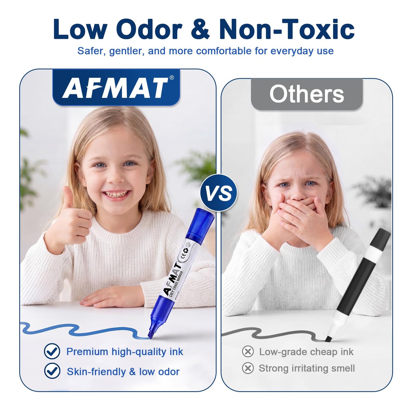 AFMAT Dry Erase Markers, Liquid Chisel Tip Whiteboard Markers with Visible Ink Window, Low Odor & Non-Toxic, 3X Large Capacity, No Residue for White Board, Classroom, Office, Home, Bright Blue,12 Pack,DB10X6