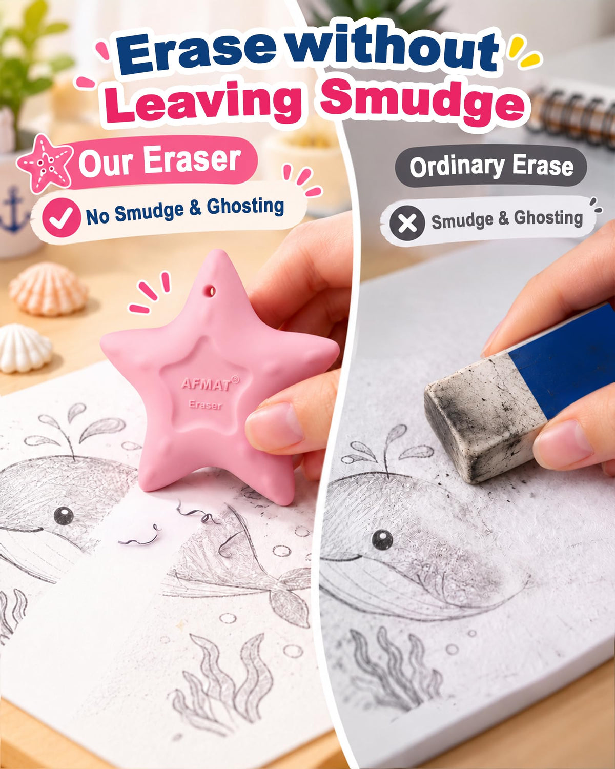 AFMAT PE06 Erasers for Kids, Hipolymer TPE Pencil Eraser, Latex-Free, 5 Pcs